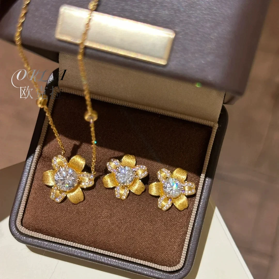 

OKLA French Style Retro Jewelry Flower Design Gold Color Pendant Necklaces Inlaid Zircon Stud Earrings Jewelry Sets For Women