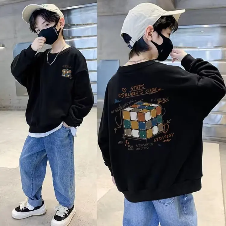 New Versatile Boys Girls Rubik's Cube Print Sweatshirts Children's Spring and Autumn Fashion O-Neck Pullover Casual Kids Clothes