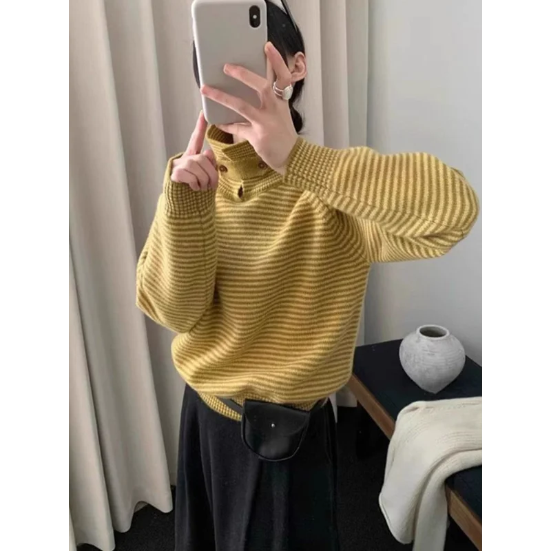 

Мягкий восковой полосатый женский топ с контрастными лацканами, осенне-зимний новый свободный пуловер в стиле вестерн, свитер