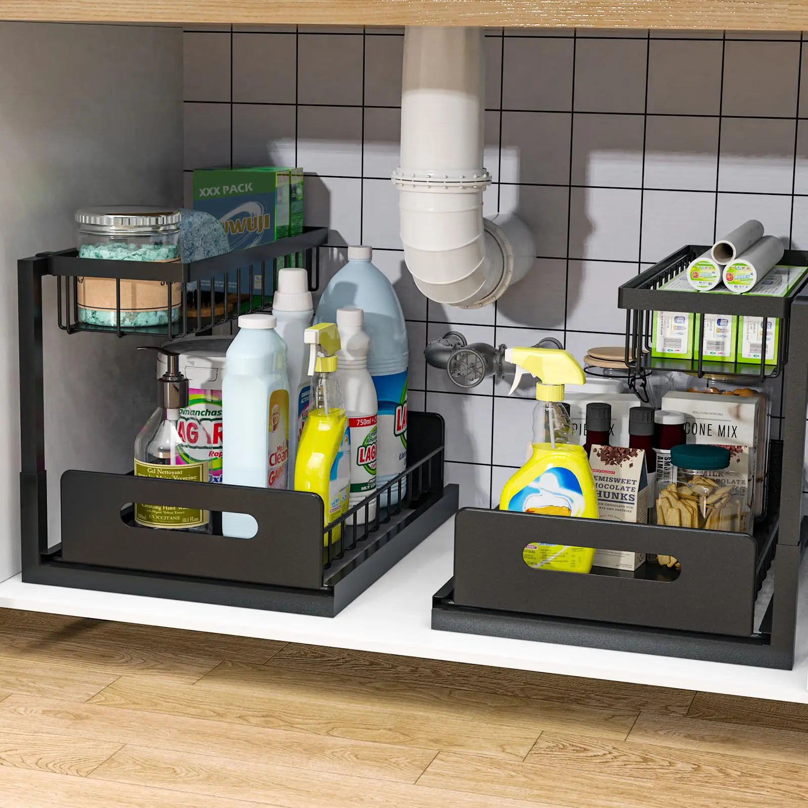2 Tier Pull Out Under Sink Organizer Sliding Drawer Basket Cabinet Storage Rack Organizer for Bathroom Kitchen Storage Shelves