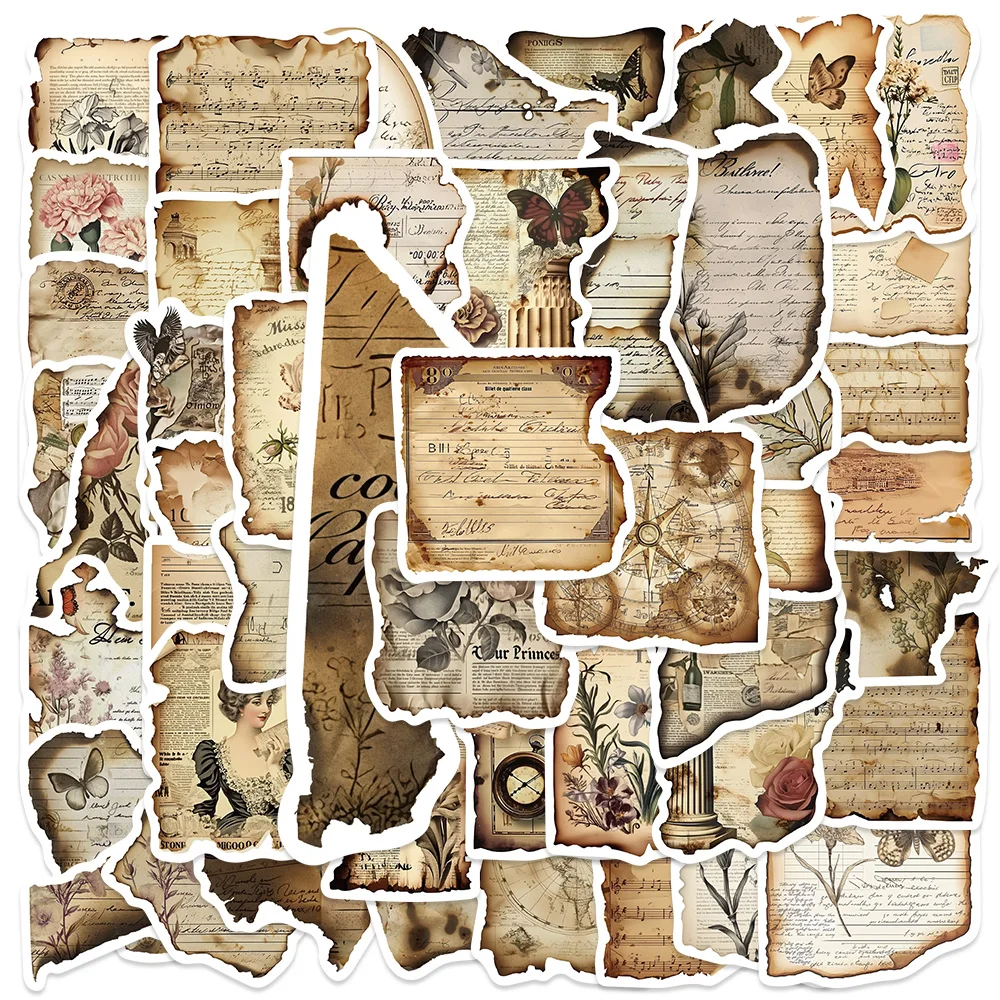 

50 Pcs Vintage Burnt Paper Stickers Historical Creative Scrapbook Junk Journal Collage DIY Crafts Suppliers