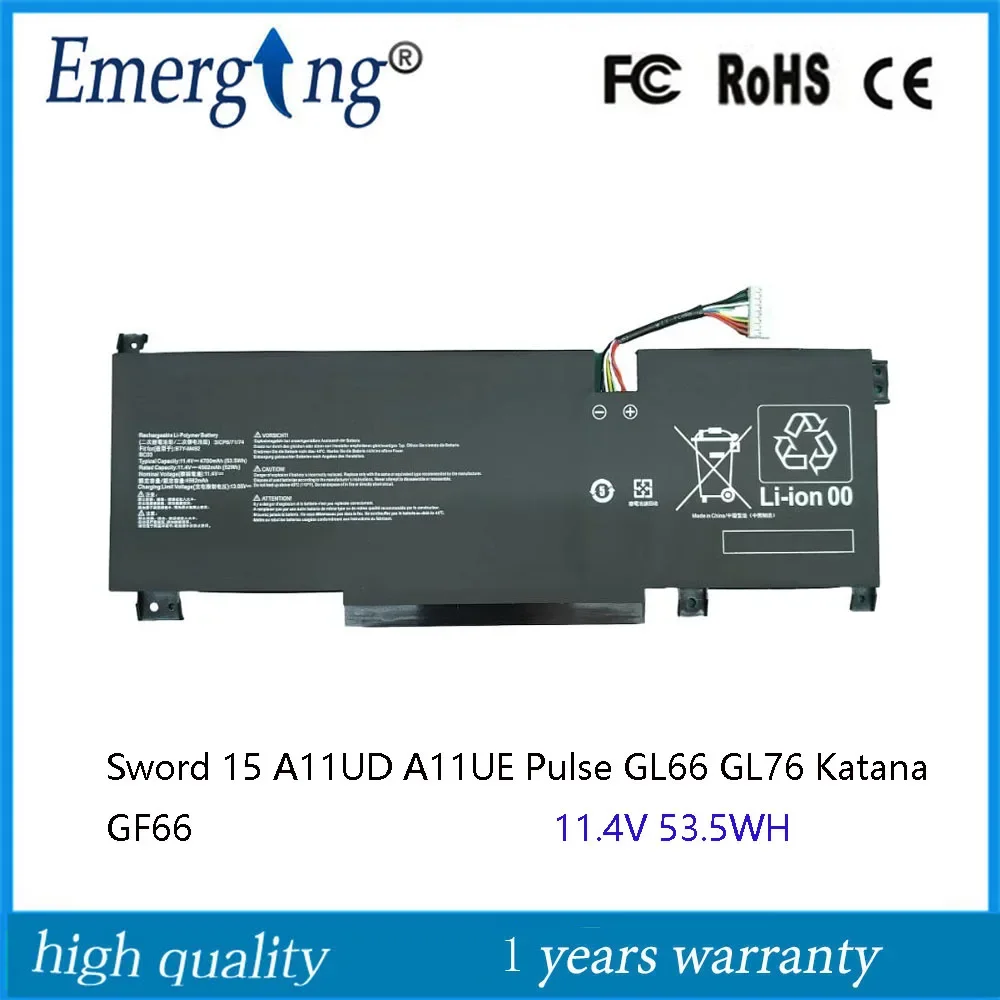 

11.4V 53.5WH BTY-M492 New Laptop Battery For MSI Sword 15 A11UD A11UE Pulse GL66 GL76 Katana GF66