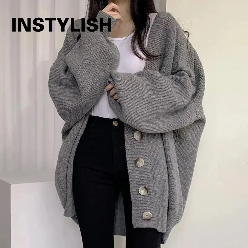 Women Vintage Lazy Knitted Cardigan Elegant Harajuku V Neck Single-breasted Loose Lantern Sleeve Sweater Coat Oversized Sweater