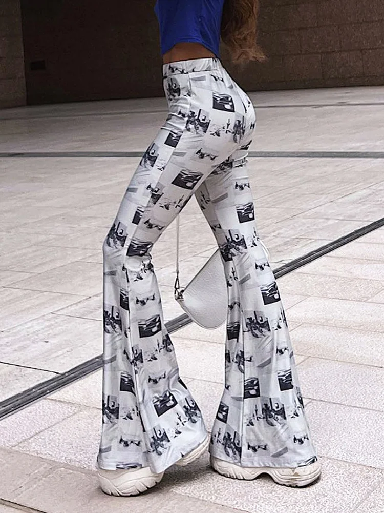 Silm Y2k Casual Prints Flare Pants For Women Clothes Elastic Waist Fashion Hip Wrap Pantalones Mujer Streetwear Sexy Trousers