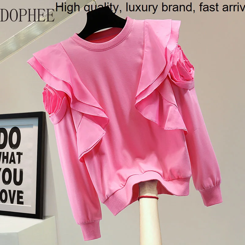 

Long Stitching Ruffle Sleeve Sweatshirt 2023 New Autumn Loose O-neck Women Pullovers Top Solid Color Casual Pink Cotton Hoodies