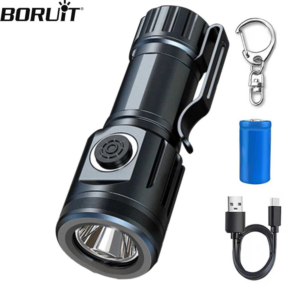 BORUIT EDC Keychain Flashlight 1000LM Type-C Rechargeable LED Torch With Lampshade Waterproof Camping Lantern Emergency Light