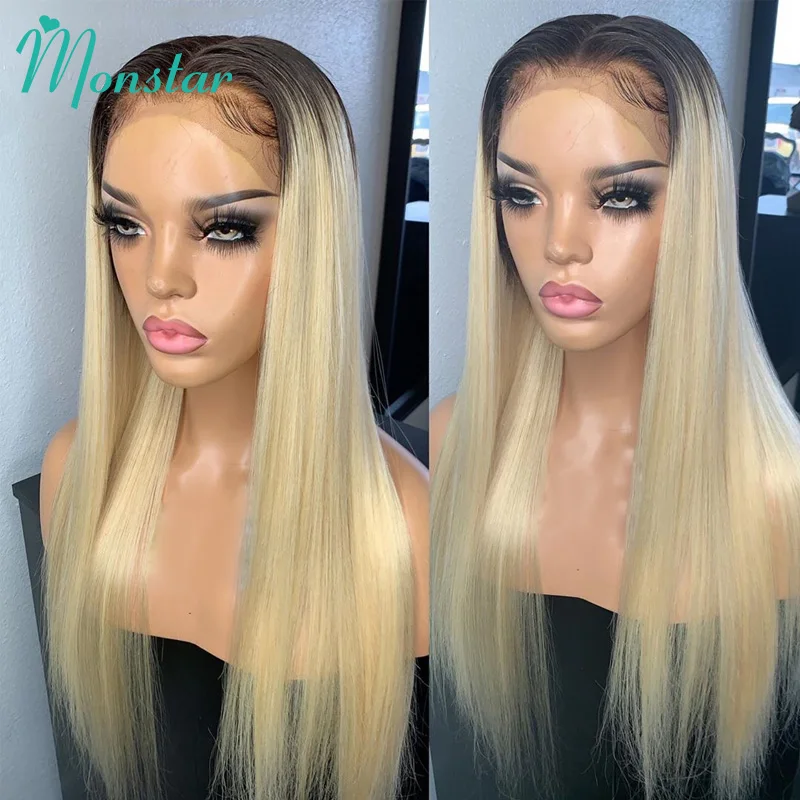 13x6 Lace Frontal Wig Brazilian Straight Full Lace Human Hair Wig 2 Tone Dark Root 1B 613 Ombre Blonde Lace Front Wigs for Women