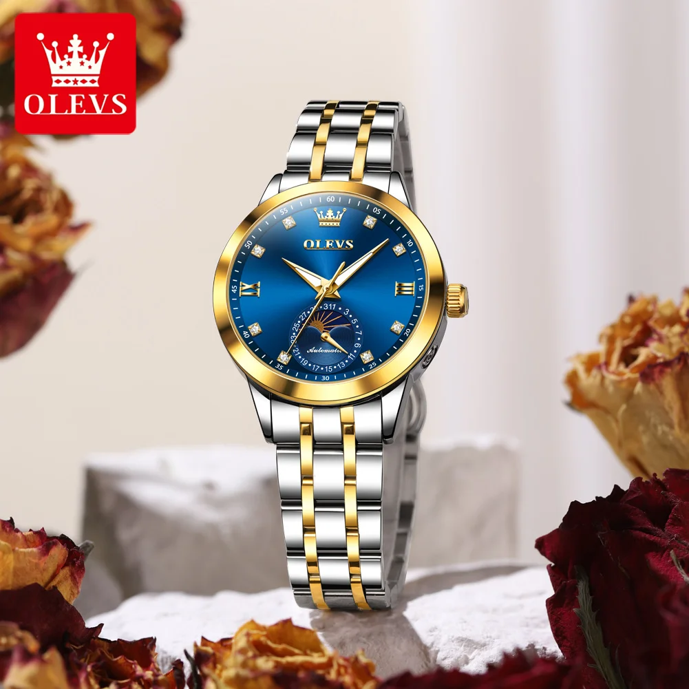 ساعات OLEVS 7041 Moon Phase متعددة الوظائف ميكانيكية للنساء، ساعة أوتوماتيكية أصلية للنساء، ساعة يد أنيقة للسيدات