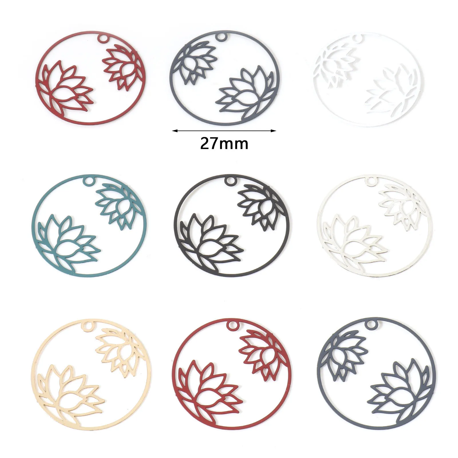 Vintage Iron Alloy Filigree Stamping Charms Multicolor Round Lotus Flower Hollow Pendants DIY Necklace Jewelry 27mm Dia.,10PCs