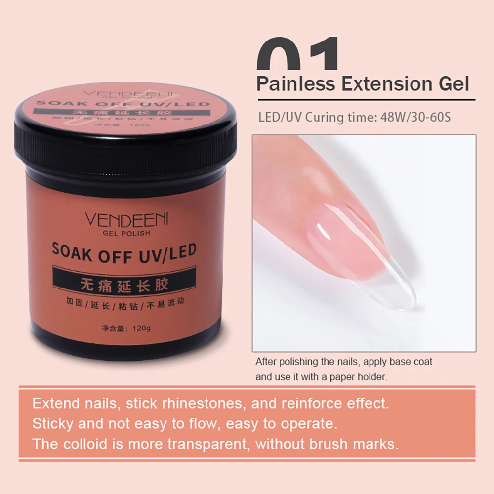 Vendeeni 120g Large Capacity Nail Art Functional Gel Base Coat No Wipe Top Coat Leveling Reinforcing Gel Painless Extension Gel