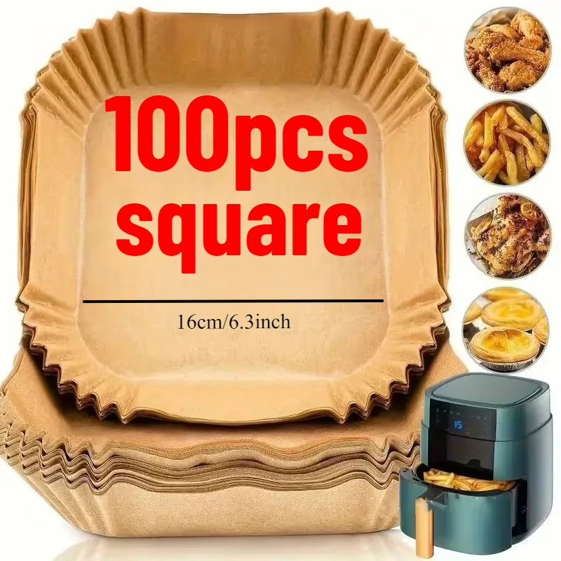 100 Stück Antihaft-Heißluftfritteusen-Einlagen |   Hochwertiges Backpapier für Backen, Grillen und Mikrowellengebrauch - Leicht zu reinigen
