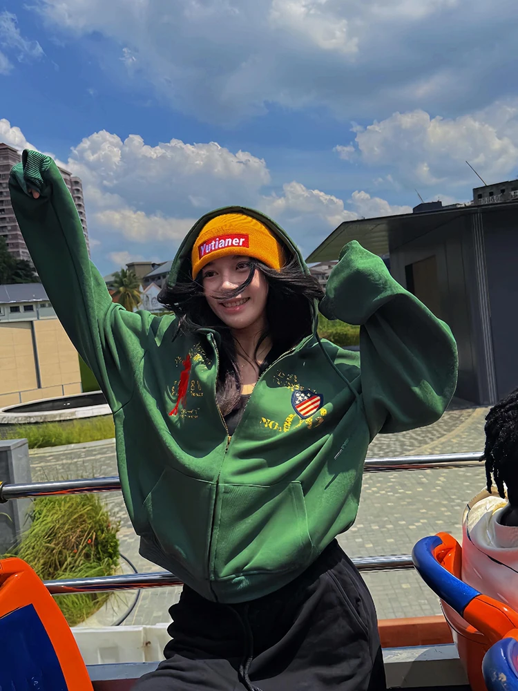 Retro Amerikaans ontwerp Letterborduurwerk Print Hoodie Dames Lente Herfst Los Veelzijdig High Street Couple's Jaet