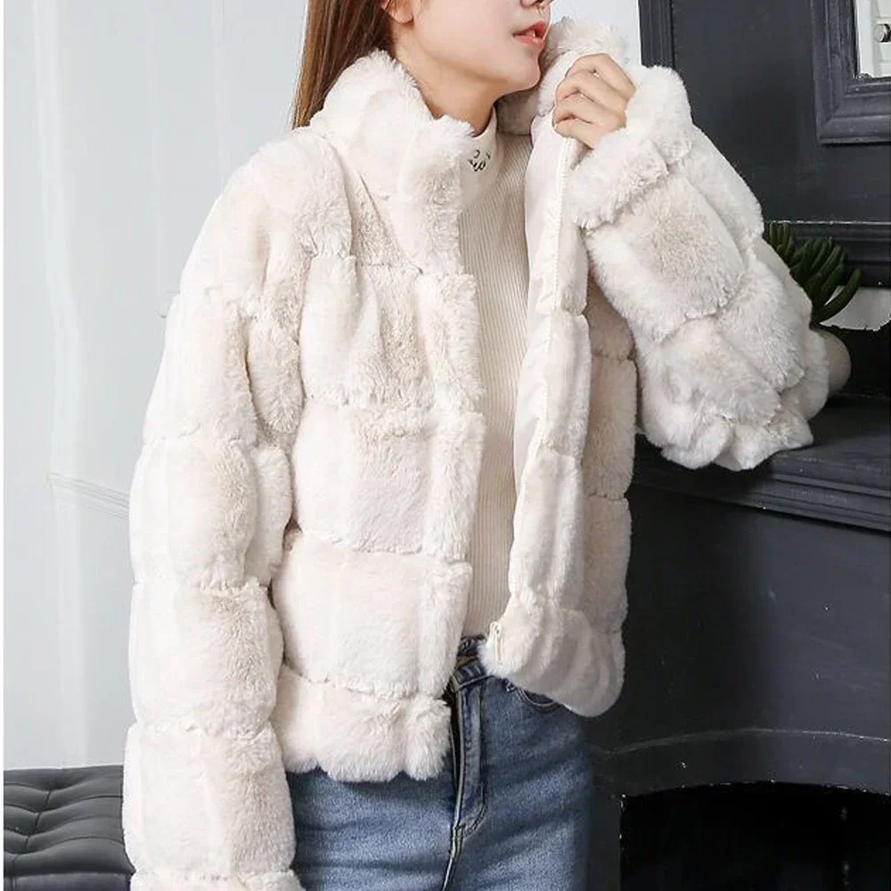 Autumn Winter Fashion Faux Fur Coat Rex Rabbit Fur Coat Long Sleeve Thicken Keep Warm Elegant Luxury Pile Coat High Quality New