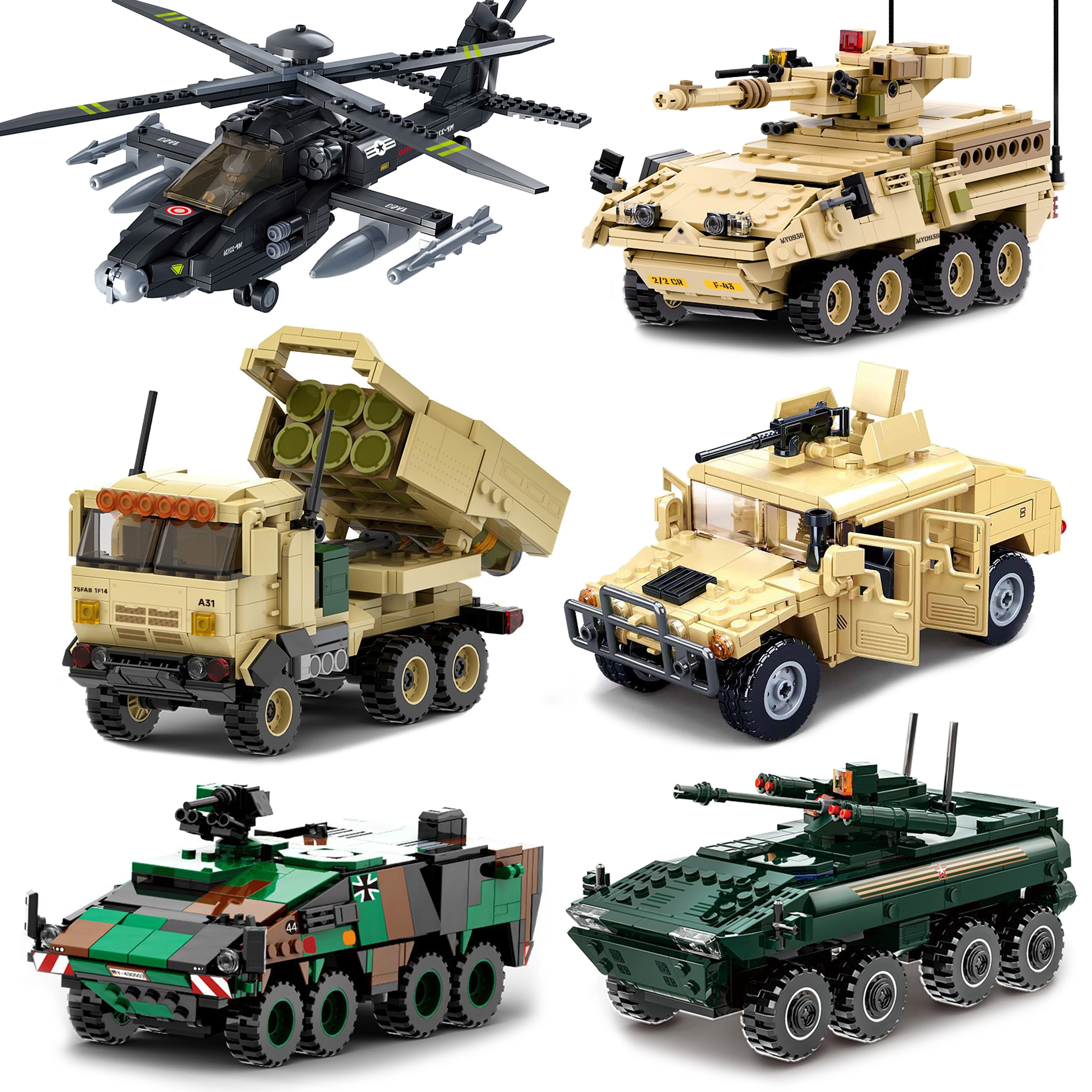 Military Armored Hummer Stryker Tank Car US Russia Army Modern War Soldier Weapon Model Building Blocks Brick Children Kids Toys