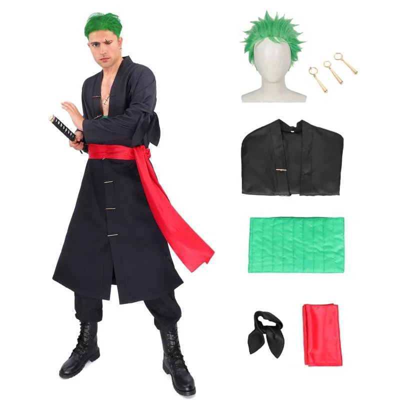 

Черный костюм для косплея WENAM Roronoa Zoro, Варан, страна, полный комплект, кимоно, халат, плащ с поясом, манжета, парик, крутая Мужская Боевая форма
