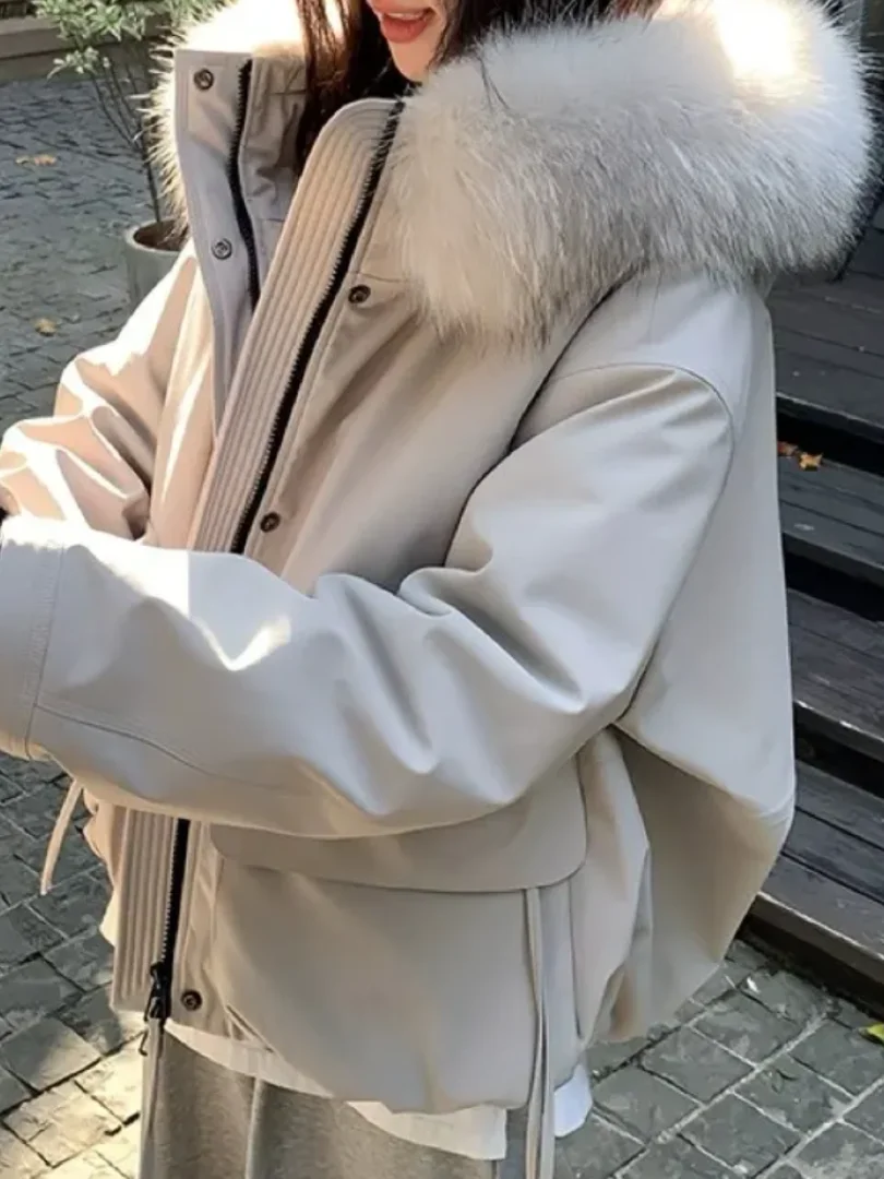 

Женская хлопковая куртка-парка 2026: Новинка зимы, свободный крой, повседневная рабочая одежда, с большим меховым воротником, в корейском стиле, для поездок на работу