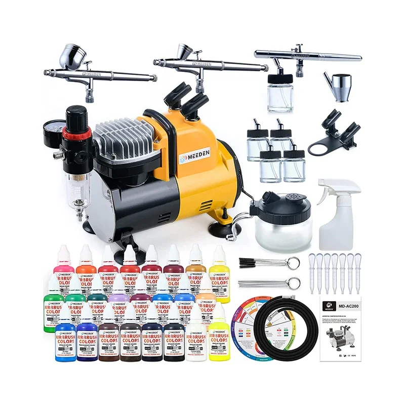 Airbrush Kit with Compressor, 3 Dual-Action Airbrush Guns with 24 Airbrush Paints(30 ml/1 oz), Cleaning Kits