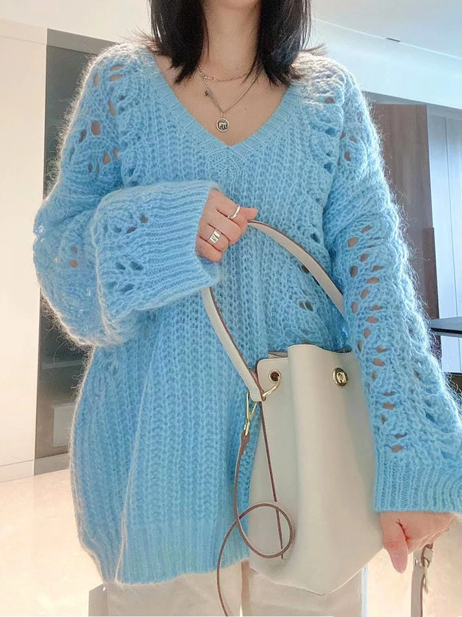 Suéter de Moda Otoñal para Mujer, Hoado, Calado, de Pelo de Camello, Cuello en V, Manga Larga, Cálido, Estilo Manga Murciél...