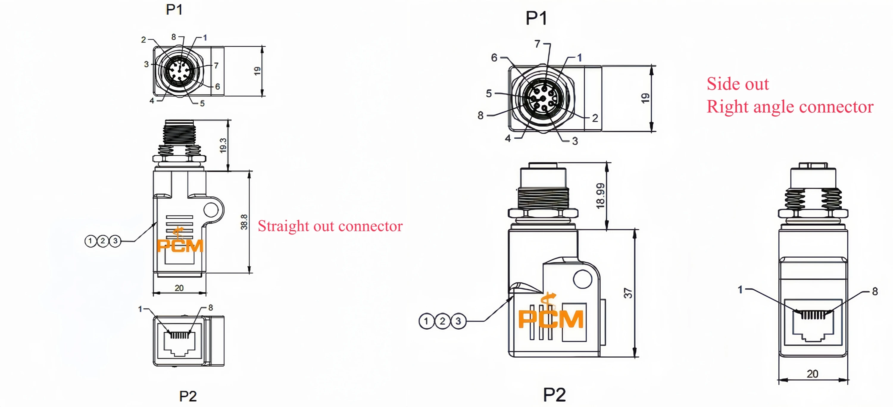 Schottverbinder M12 auf RJ45 Adapter M12 8-Pin Typ A Code Ethernet auf RJ45 8P8C Einbau-Winkeladapter – Detail 2