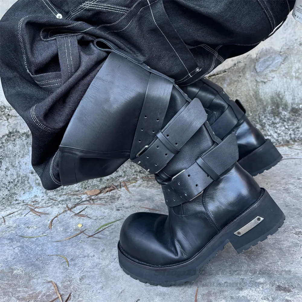 

Retro Big Round Toe Belt Buckle Motorcycle Boots Men and Women Thick Bottom Midsole Knight Boots Platform Casual Leather Boot