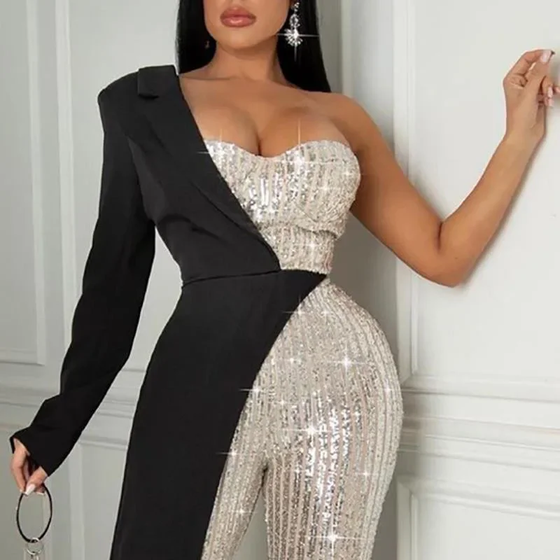 

Women Jumpsuits One Shoulder Slash Neck Sexy Club Sequins Pullover Sheath Slim Fit Rompers Slight Strech Patchwork 2023