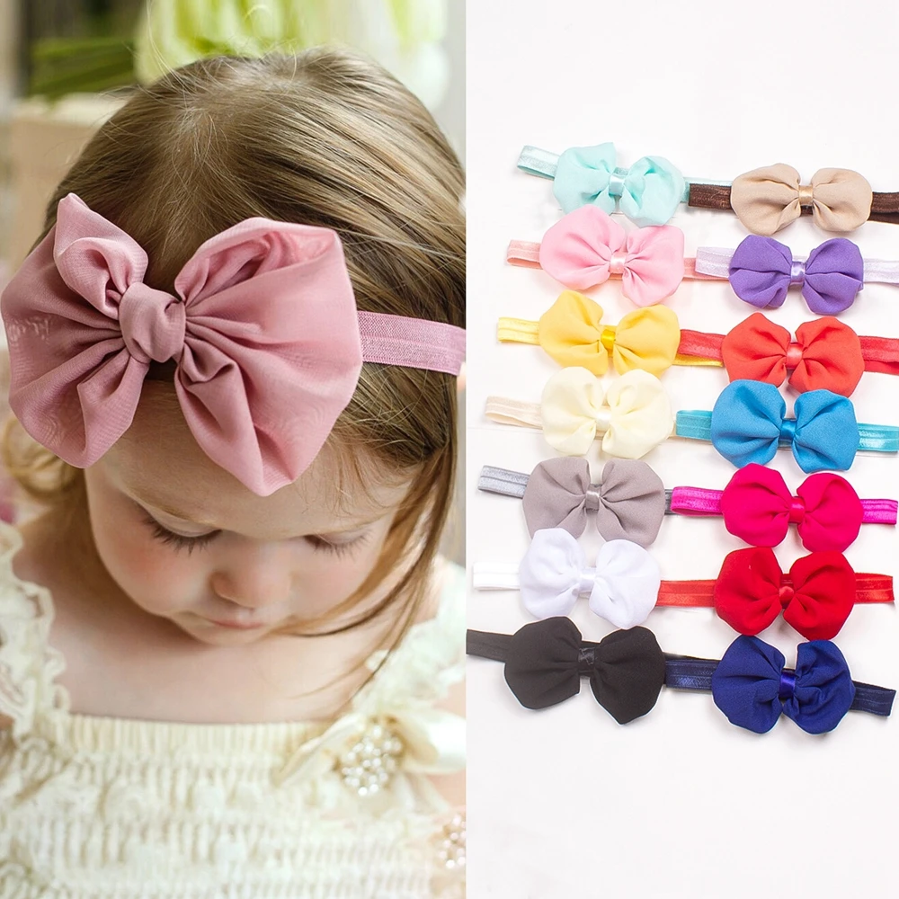 Nishine Soft Chiffon Bows Knot Baby Girls Children Headbands Artificial Hair Bows Elastic Infant Newborn Hairbands Accessories