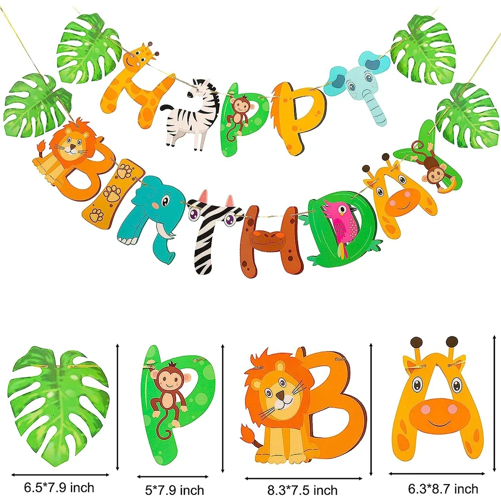 Safari Animals Happy Birthday Banner Pennant Foil Animal Balloons for Kids Jungle Safari Zoo Theme Party Decoration Supplies Toy