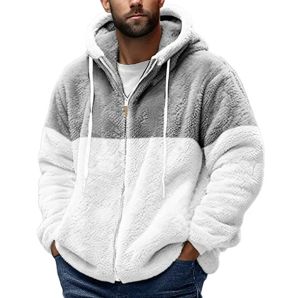 Men Coat Thick Fleece Drawstring Hooded Zip-up Long Sleeves Windproof Heat Retention Cardigan Outdoor Travel Jacket