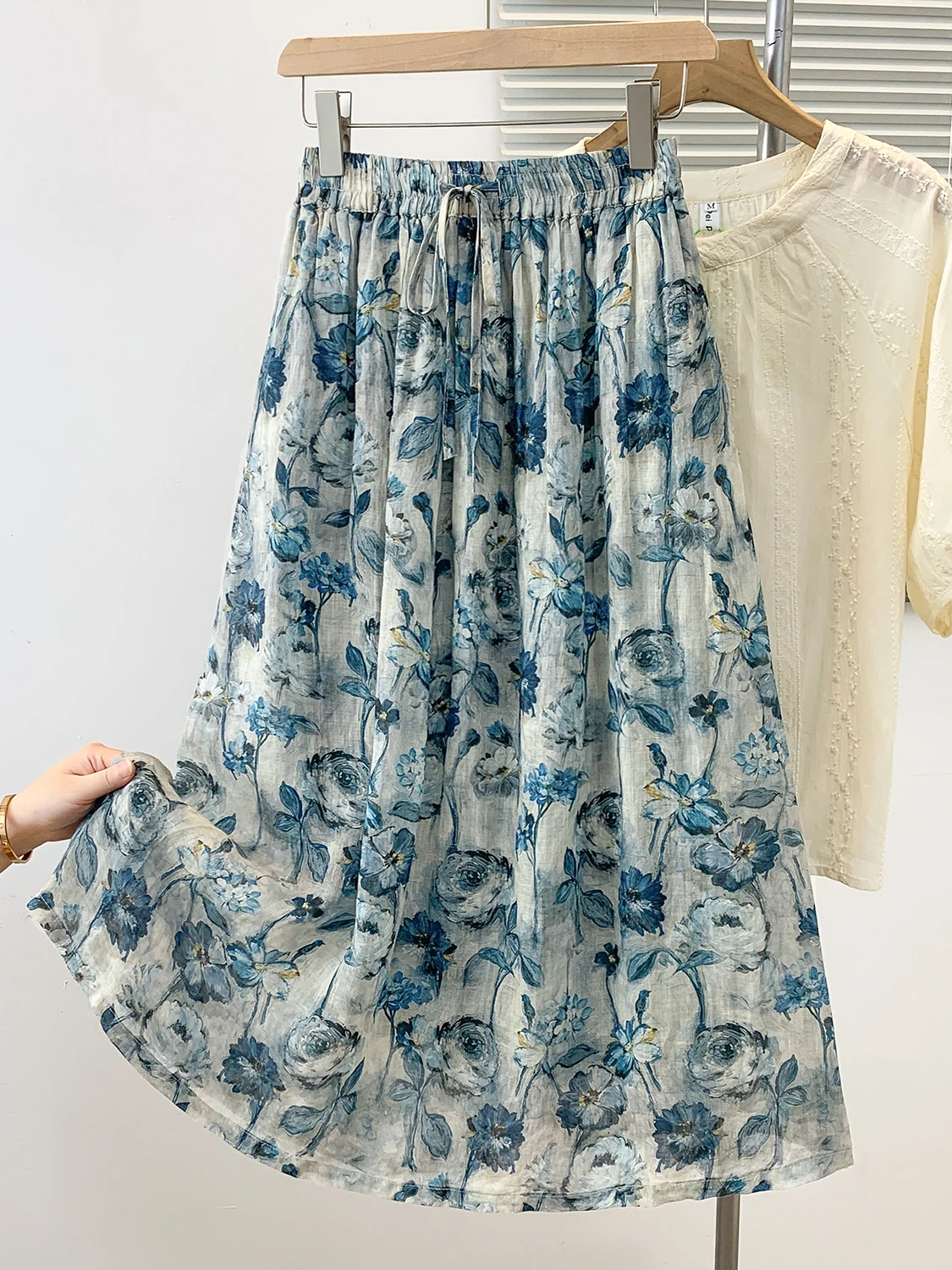 الصيف الفني Fre الكتان طباعة f تنورة مرونة الخصر التخسيس تنورة طويلة ألف خط للنساء حجم كبير ملابس غير رسمية متعددة الاستخدامات