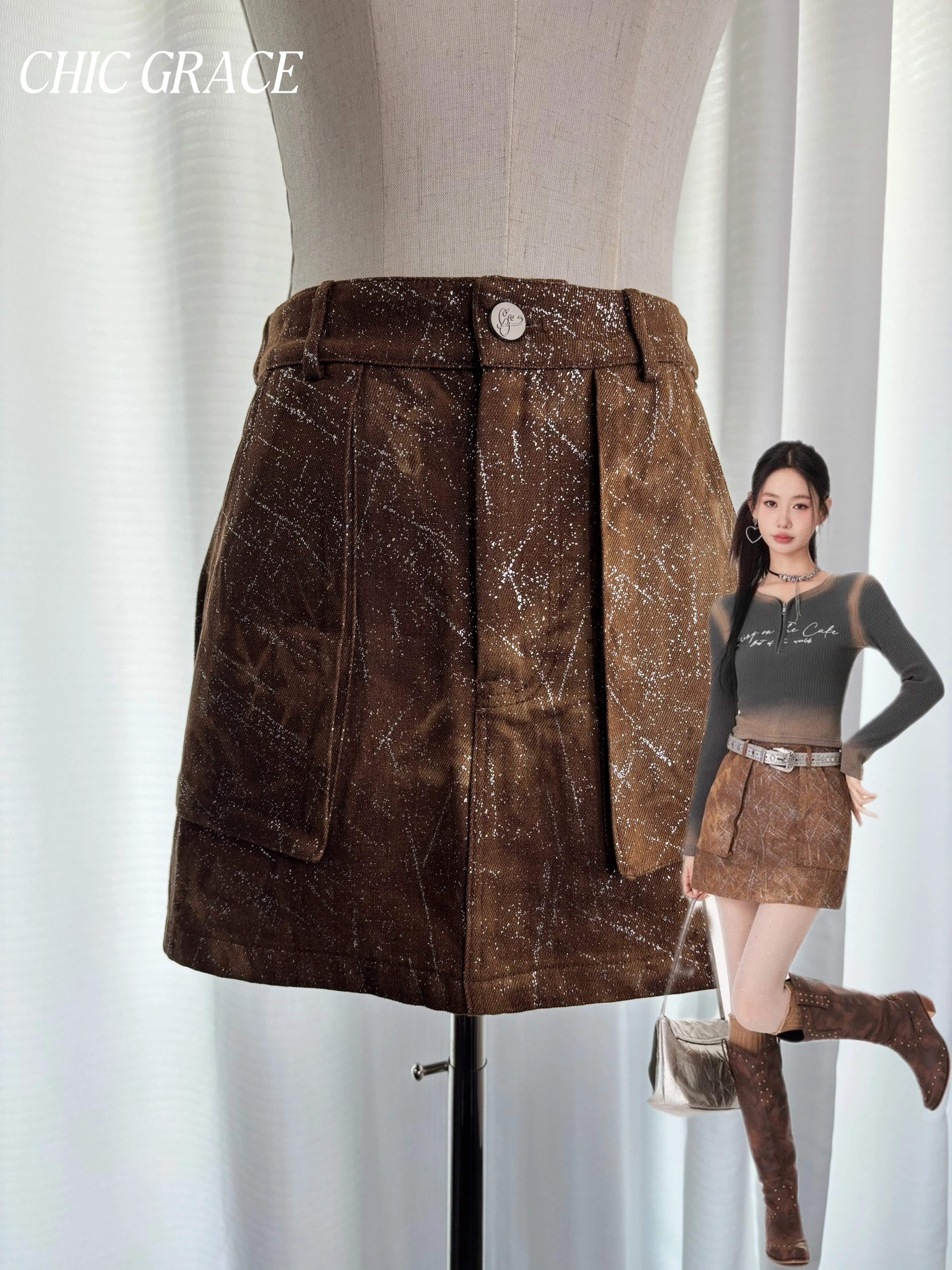 

Real shot 2025 Новая женская мини-юбка Star Sky Tie с серебряным принтом нити, универсальные накладные карманы, карамельная юбка А-силуэта