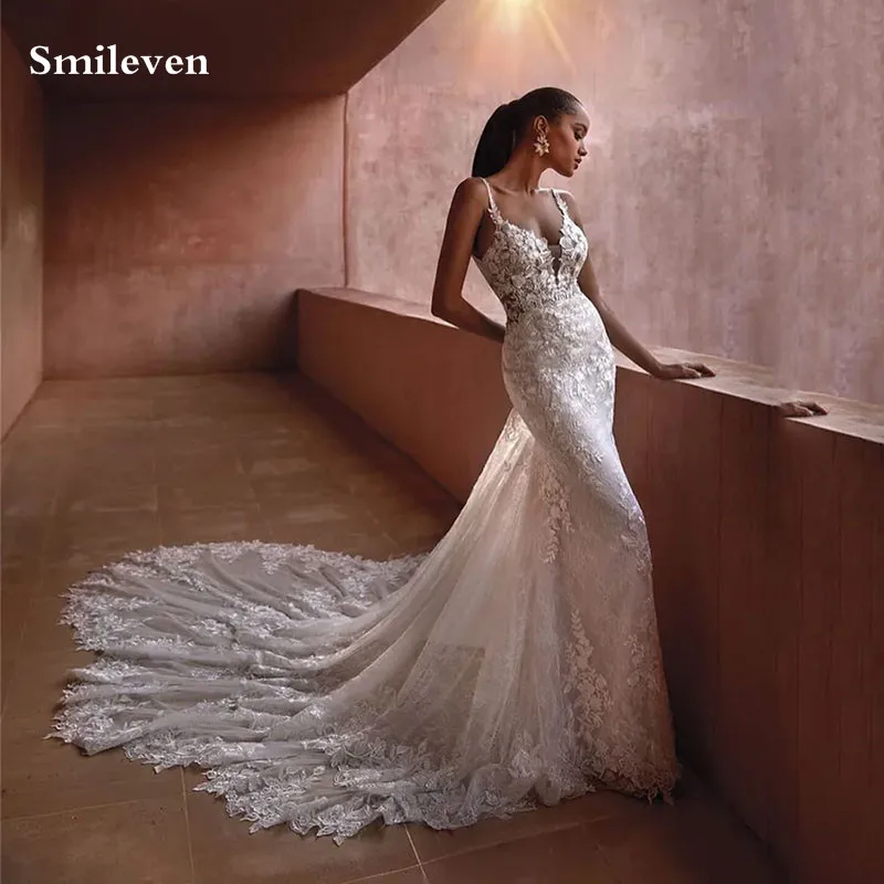 Smileven Lace Mermaid Wedding DressSpaghetti Strap Lace Appliques Bride Dresses Robe De Mariee Sexy Sleeveless Wedding Gowns