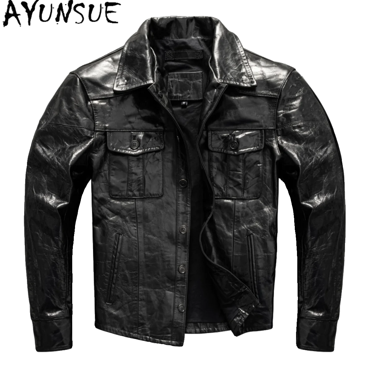 AYUNSUETop Layer Goatskin Full Vegetable Tanned Genuine Leather Jacket Men Slim Leather Shirt Coat Man Clothing Jaqueta De Couro