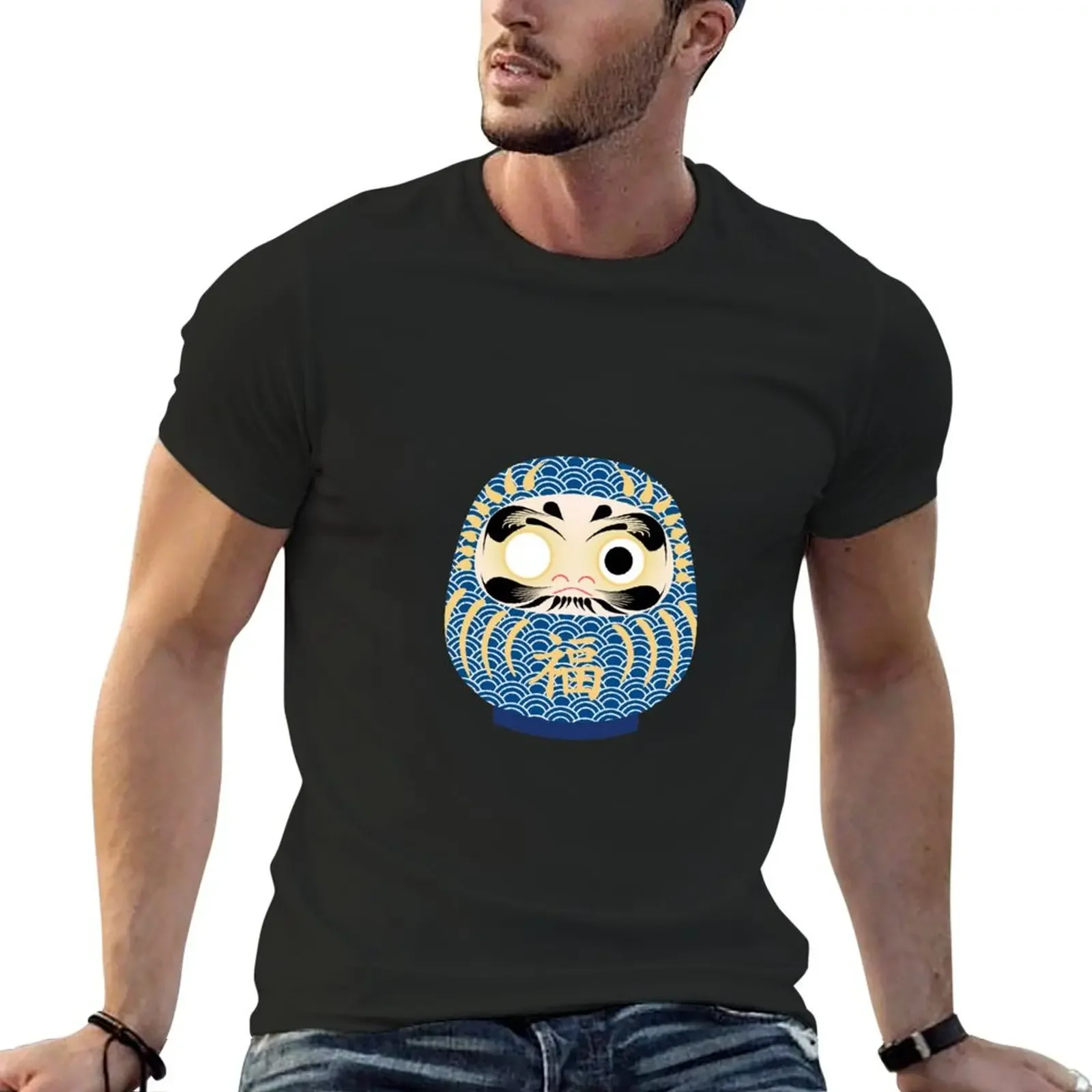 Blue Seigaiha Daruma of Tranquillity T-Shirt anime tshirt vintage graphic tee mens workout shirts