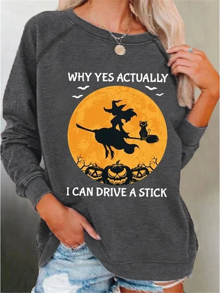 

2025 Halloween Witch Print Long-Sleeve Crewneck Sweatshirt Loose-Fit Casual Long-Sleeve Top Holiday Party Women's T-Shirt