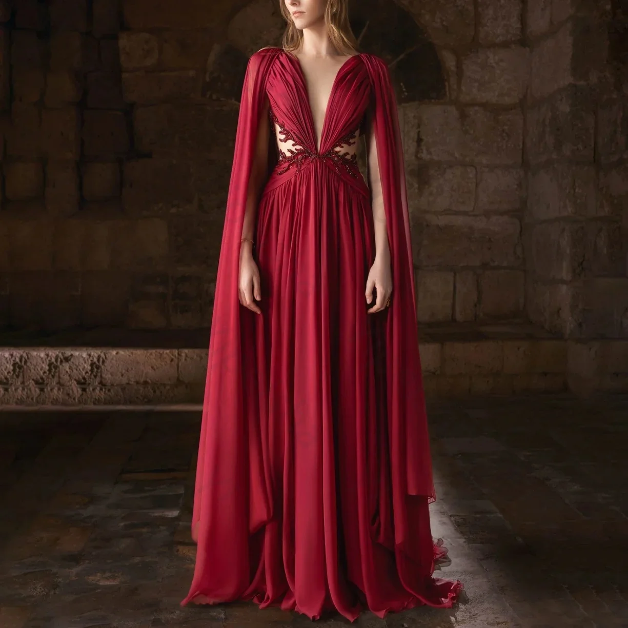 

Customized Red Chiffon Sexy Elegant Evening Dress V-Neck A-Line for Floor-Length Sequined for Formal Evening Vestidos De Fiesta