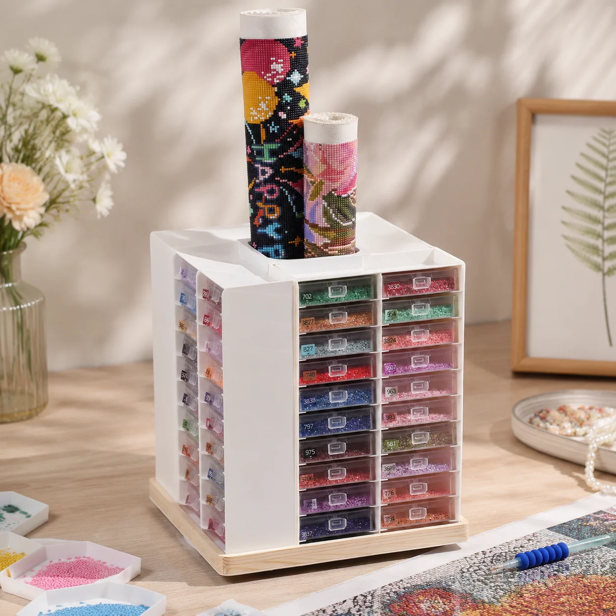 Foreveryoung Rotatable Diamond Storage Rack, 80 Trays, Wood Base, Multi Craft Tool Organizer