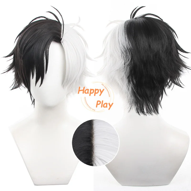 Synthetic Hair Anime Sakura Haruka Cosplay Wig 30cm White Mixed Black Short Wigs Heat Resistant Role Play Wigs + Wig Cap