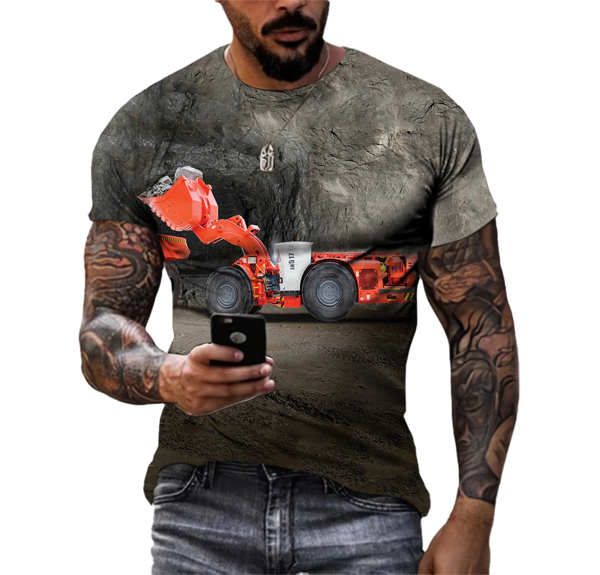 Summer Men\'s Personality T-Shirt Mechanical Engineering Vehicle Graphic Excavator 3D Printing Short Sleeve Casual Quick Dry Top