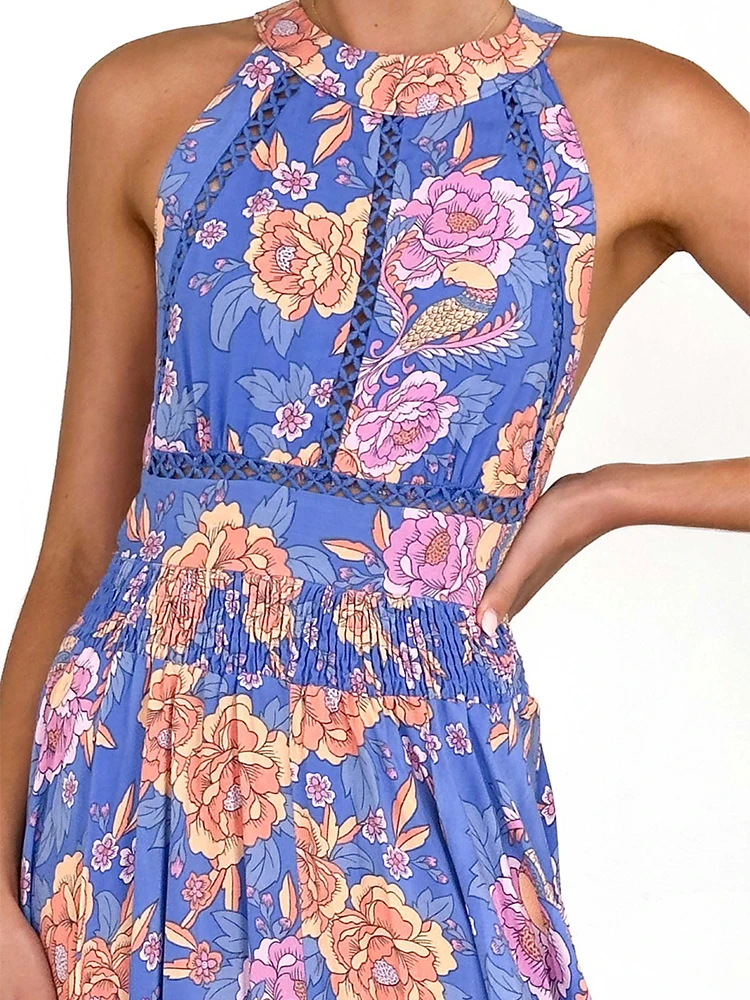 

Sexy Backless Hollow Out Long Dress Elegant Halter Sleeveless Split Bohemian Dress 2026 Women Fashion Floral Print Summer Dress