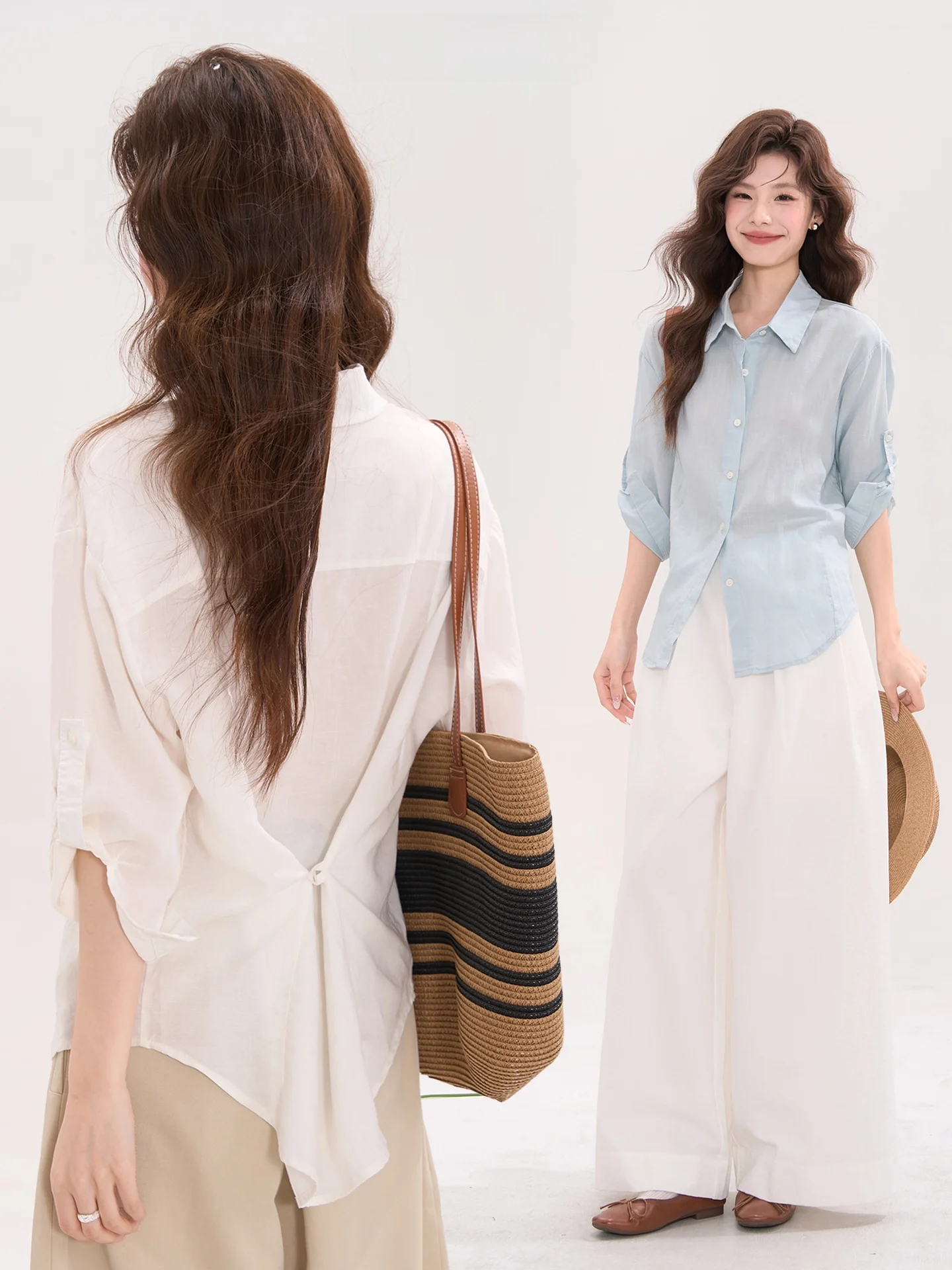 

Heme Casual Linen Silk Seven Sleeve Shirt Spring Women's Top Korean Style Commute Wind Waist Cinched Regular Sleeve Length