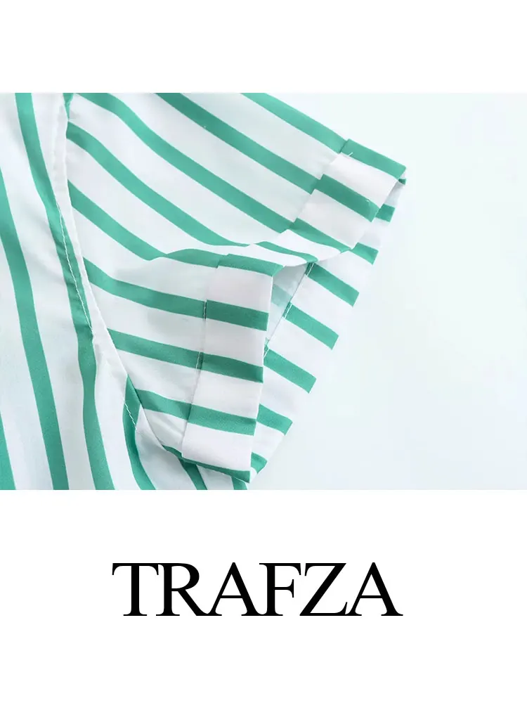 TRAFZA Striped Shirts Women Casual Green Blouse Y2k Short Sleeve Buttons Crop Top Female Short Shirt Streetwear