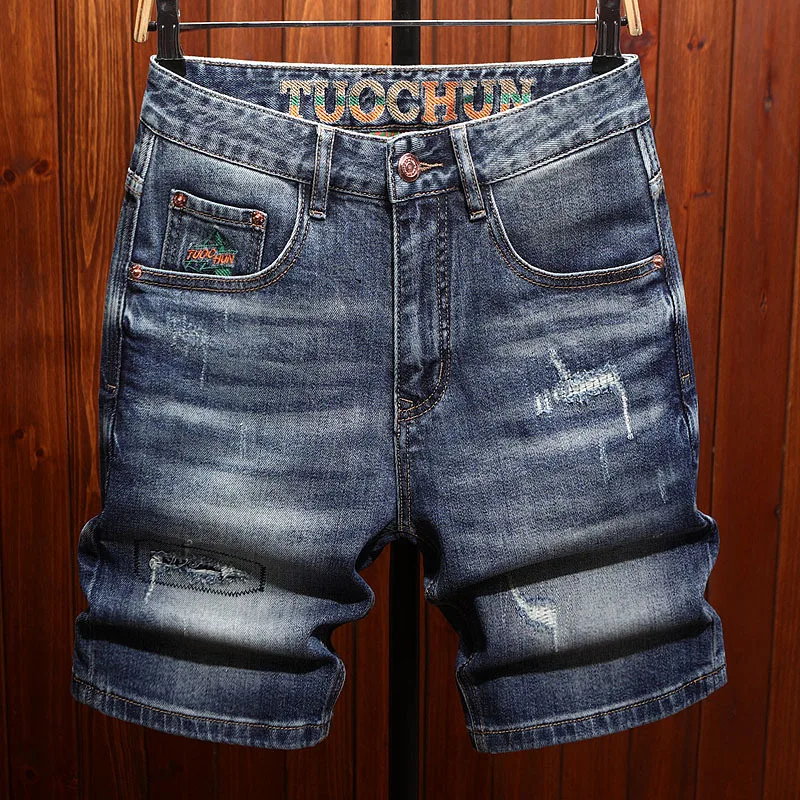 

High end summer denim shorts for men with ripped patches, embroidered prints, slim fit straight leg casual cropped pants