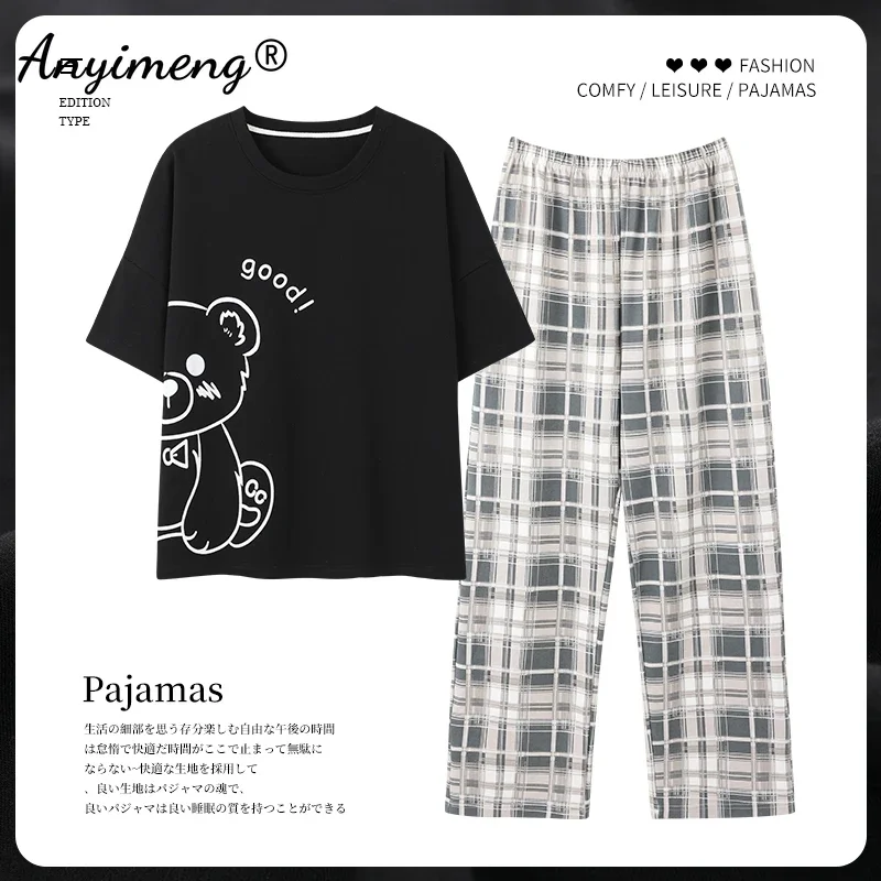 Young Lady\'s Summer Pajama Sets Cool Rabbit Printing Cotton Pijamas Women\'s Short-sleeved Long Trousers Teen Girl\'s Kawaii Pjs