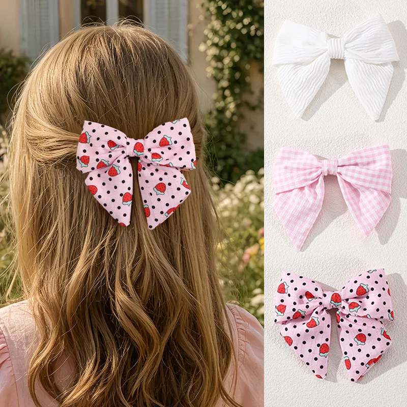 15セット-1ロット（45個入り）、いちご柄のプリント生地を使用したリボンヘアクリップ、子供用、女の子用、セーラーリボン、ポニーテール用クリップ、ヘアピン。