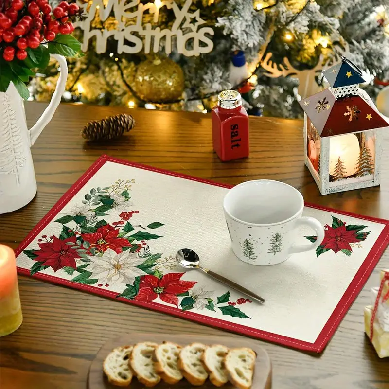VIKAMA Christmas Placemat Poinsettia Print Dining Table Mat Set for Kitchen Home Holiday Washable Place Mats