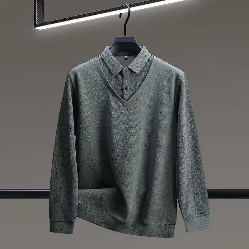 

High quality long sleeved polo shirt men's autumn fashion personalized imitation two-piece sweater casual business T-shirt