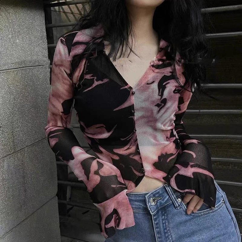 Irregular tie dyed V-neck short shirt Transparent sexy temperament speaker long sleeved top for women 2023