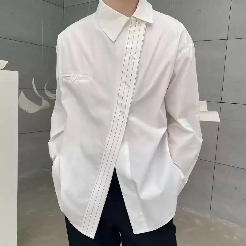 

Весенне-летние мужские рубашки с оригинальным японским нишевым дизайном, вышивкой, асимметричным передним вырезом и отложным воротником