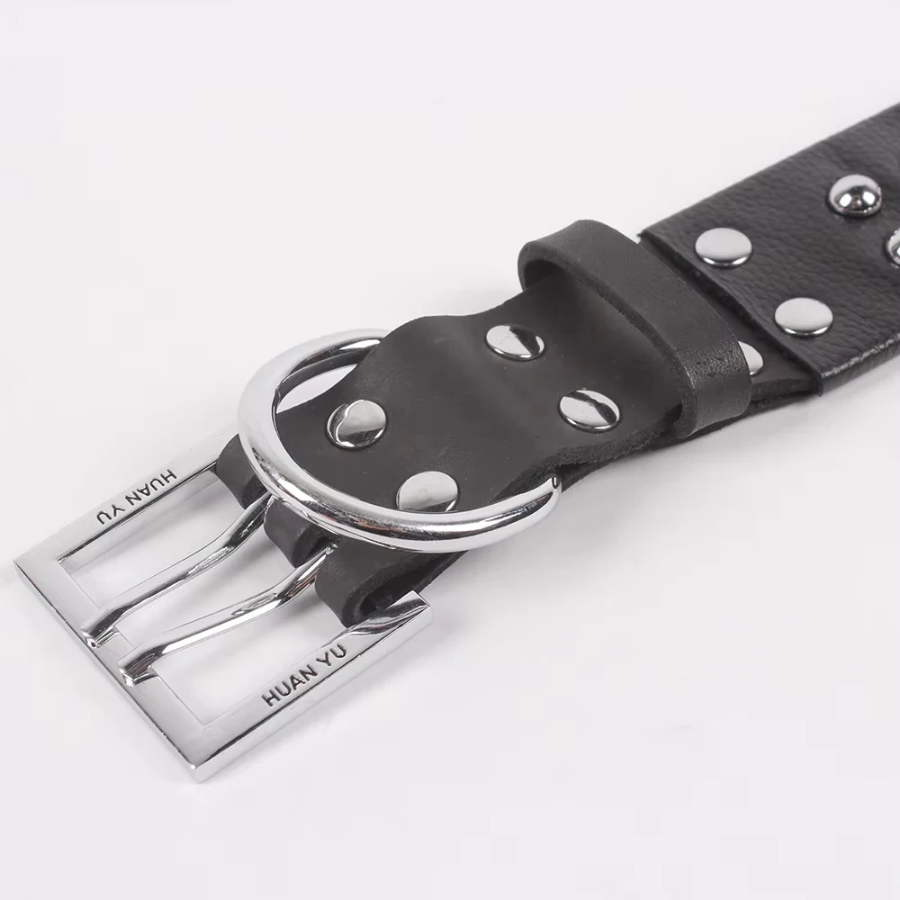 Luxury Personalized Solid Double Row Rivet Quick Release Anti-Bite Leather Dog Collar Wider Cowhide Large Dog Training
