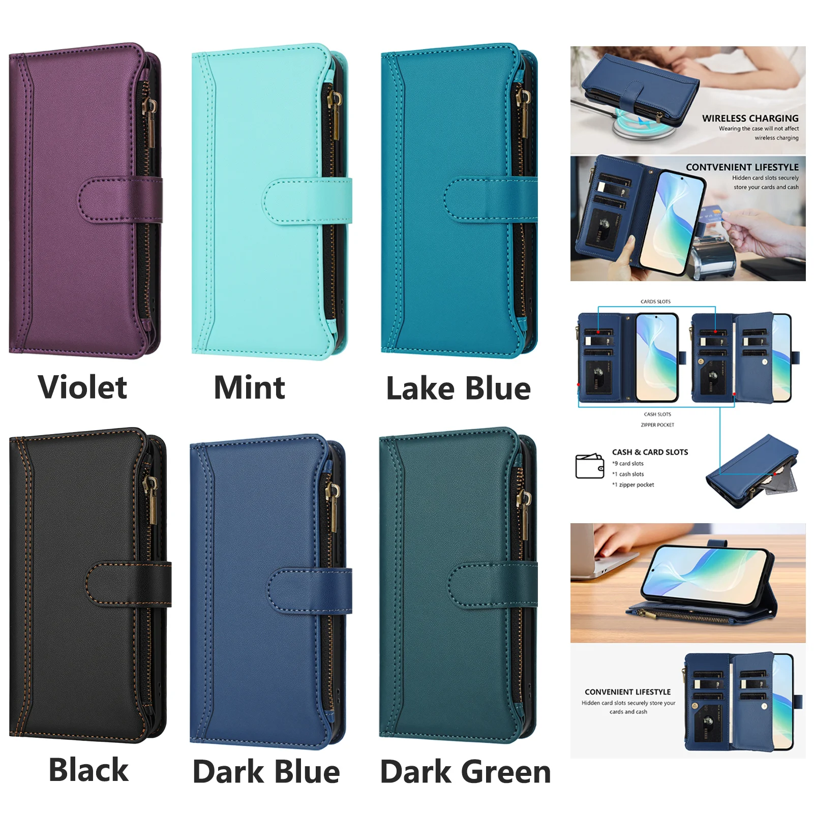 Skórzane etui na iPhone 18 Pro Max 17 16 15 14 13 12 11 SE z przegródkami na karty, paskiem na ramię, zamykanym na zamek błyskawiczny i długim paskiem — zdjęcie produktu 6